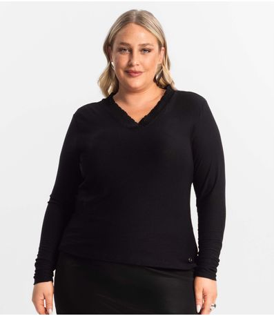 Blusa Plus Size Manga Longa Feminina Secret Glam Preto