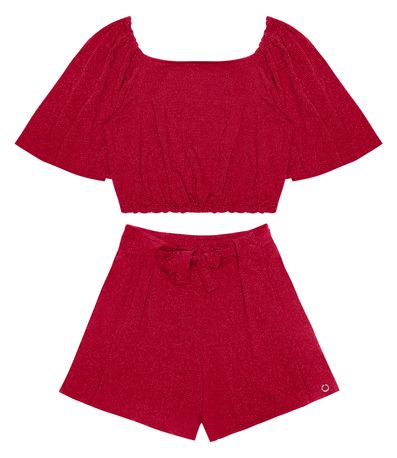 Conjunto Juvenil Cropped Com Shorts Em Lurex Minty Vermelho