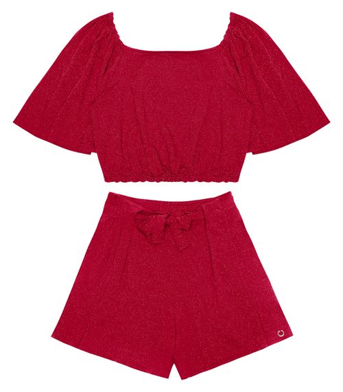 Conjunto Juvenil Cropped Com Shorts Em Lurex Minty Vermelho