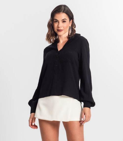 Camisa Feminina Com Bolsos Manga Longa Select Preto
