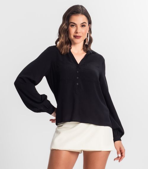 Camisa Feminina Com Bolsos Manga Longa Select Preto