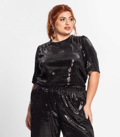 Blusa Feminina Plus Size Em Paetê Secret Glam Preto