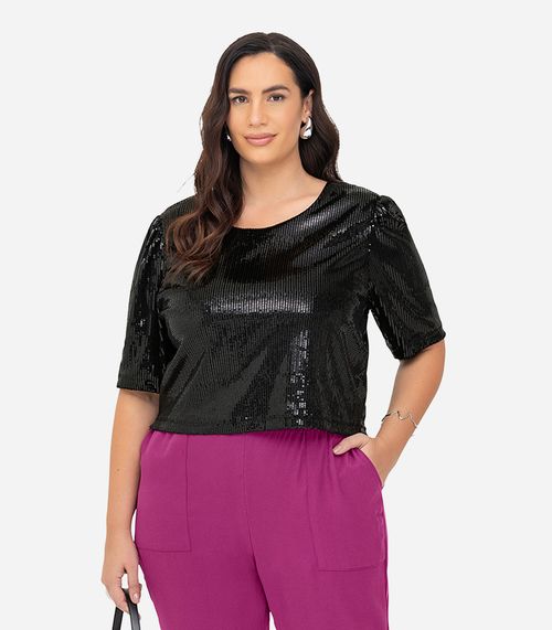 Blusa Feminina Plus Size Em Paetê Secret Glam Preto