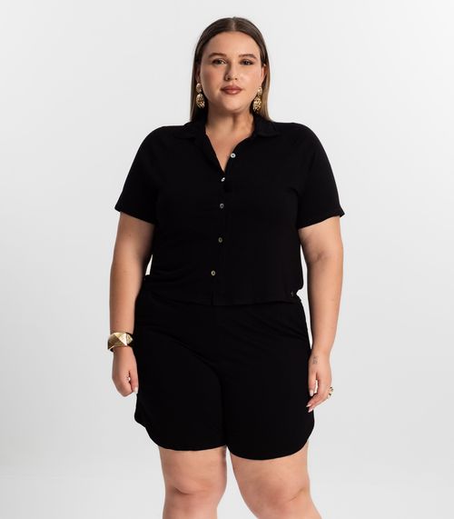 Conjunto Plus Size Camisa Com Bermuda Secret Glam Preto