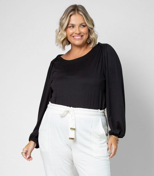 Blusa Plus Size Manga Longa Secret Glam Preto
