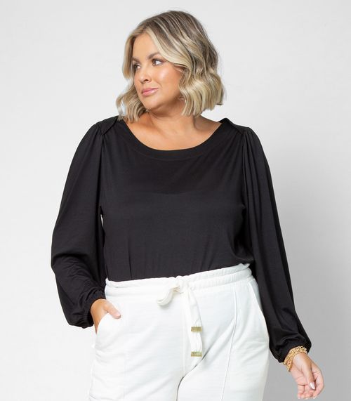 Blusa Plus Size Manga Longa Secret Glam Preto