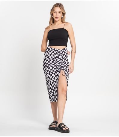 Saia Midi Estampada Com Fenda Ajustável Select Branco