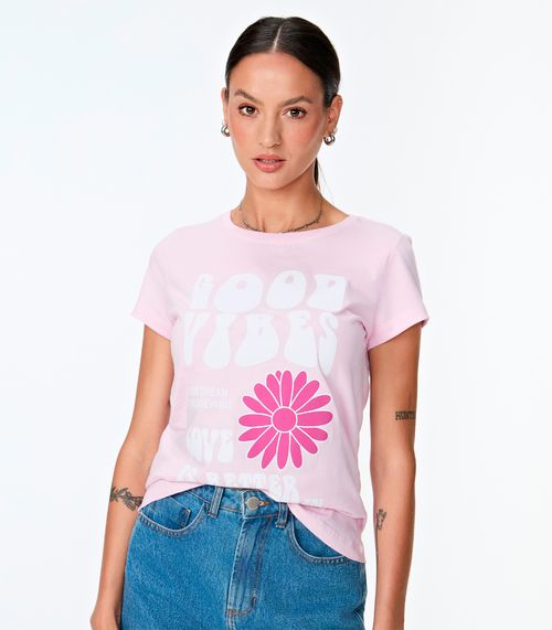 Blusa Baby Look Feminina Meia Malha Estampada MMT Rosa
