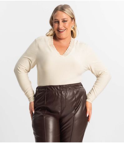 Blusa Plus Size Manga Longa Feminina Secret Glam Bege