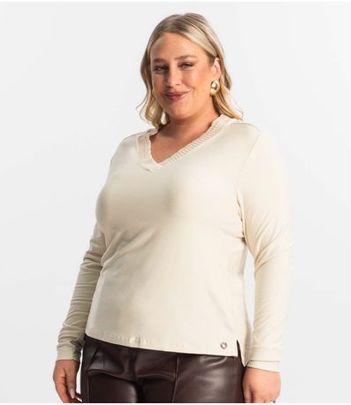 Blusa Plus Size Manga Longa Feminina Secret Glam Bege