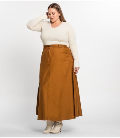 Saia Feminina Midi Godê Sarja Com Bolso Select Marrom