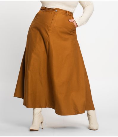 Saia Feminina Midi Godê Sarja Com Bolso Select Marrom