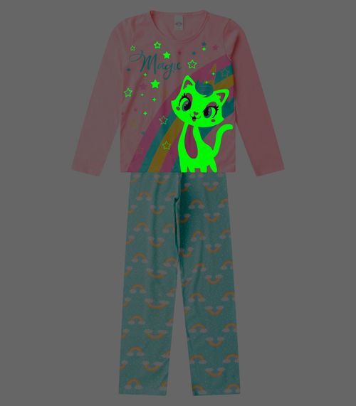 Pijama Menina Manga Longa Brilha No Escuro Kappes Rosa