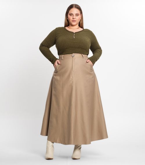 Saia Feminina Midi Godê Sarja Com Bolso Select Bege