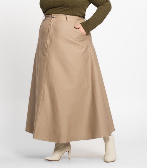 Saia Feminina Midi Godê Sarja Com Bolso Select Bege