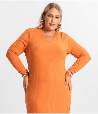 Vestido Midi Plus Size Manga Longa Secret Glam Laranja