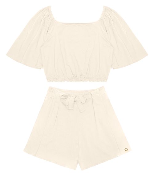 Conjunto Juvenil Cropped Com Shorts Em Lurex Minty Bege