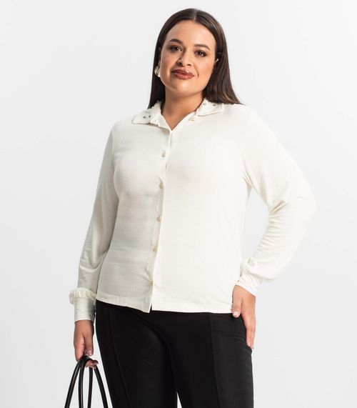 Camisa Plus Size Manga Longa Feminina Secret Glam Bege