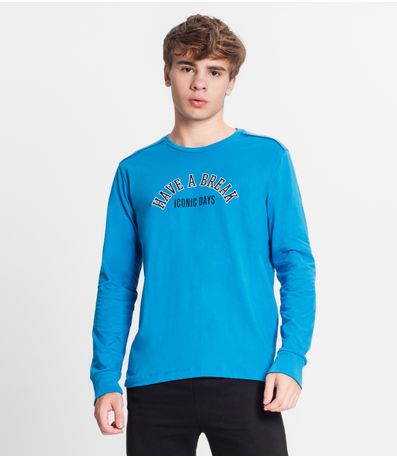 Camiseta Manga Longa Juvenil Em Meia Malha Minty Azul