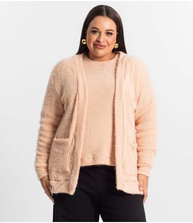 Cardigan Feminino Plus Size Em Tricot Secret Glam Rosa