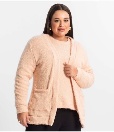 Cardigan Feminino Plus Size Em Tricot Secret Glam Rosa