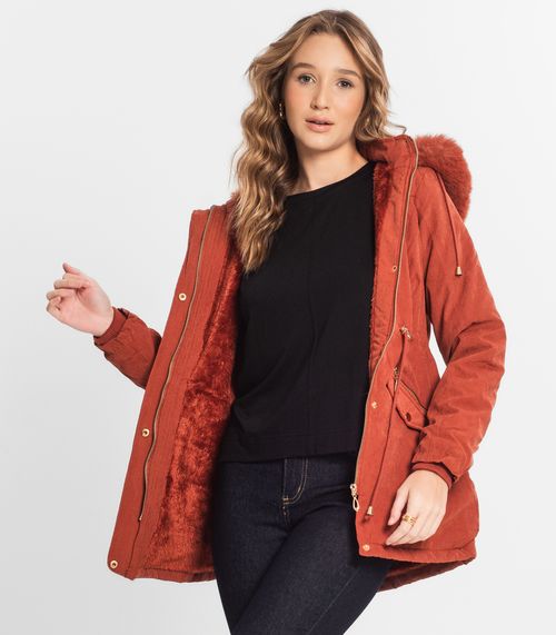 Parka Feminina Peluciada Com Capuz Sea Surf Vermelho