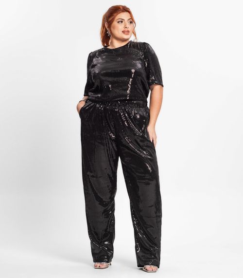 Calça Feminina Plus Size Em Paetê Secret Glam Preto