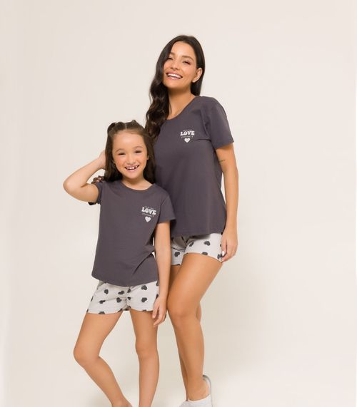 Pijama Feminino Manga Curta Meia Malha Evanilda Cinza
