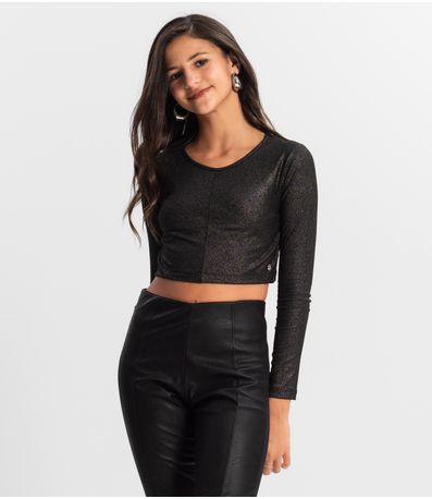 Blusa Cropped Juvenil Manga Longa Minty Preto