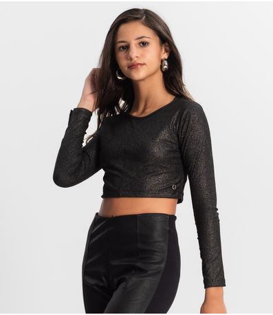 Blusa Cropped Juvenil Manga Longa Minty Preto