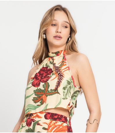 Conjunto Feminino Cropped E Short Estampado Select Bege
