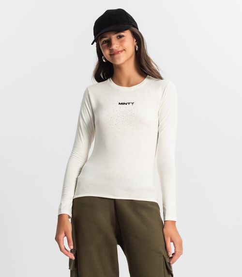 Blusa Juvenil Com Strass Manga Longa Minty Bege