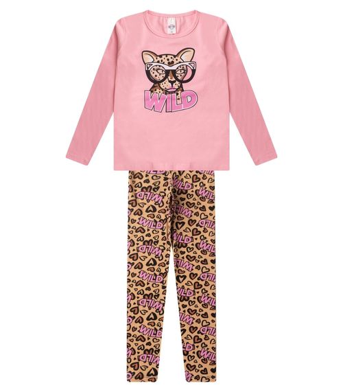 Conjunto Menina Em Cotton Manga Longa Kappes Rosa