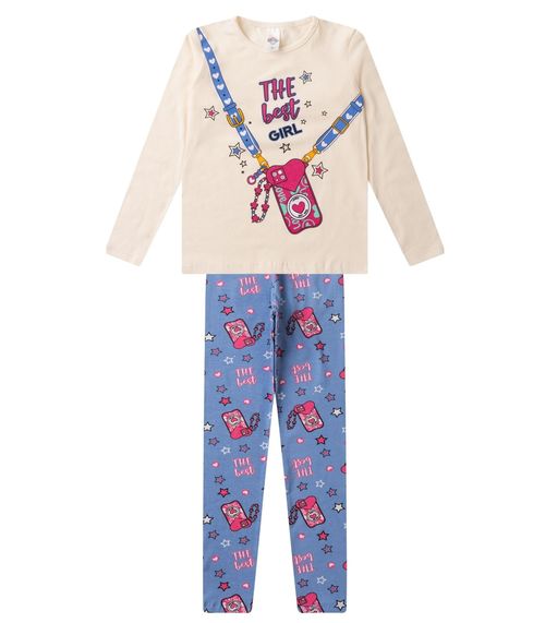Conjunto Menina Em Cotton Manga Longa Kappes Bege