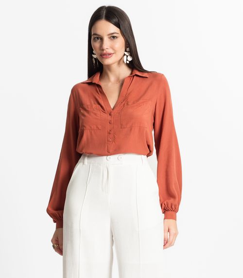 Camisa Feminina Com Bolsos Manga Longa Select Marrom