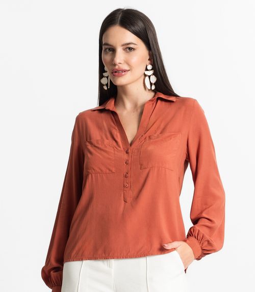 Camisa Feminina Com Bolsos Manga Longa Select Marrom