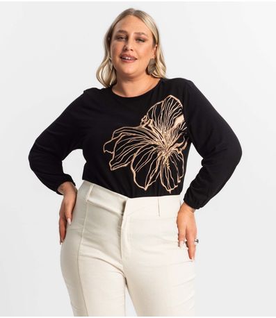 Blusa Feminina Plus Size Manga 7/8 Secret Glam Preto