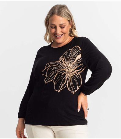 Blusa Feminina Plus Size Manga 7/8 Secret Glam Preto