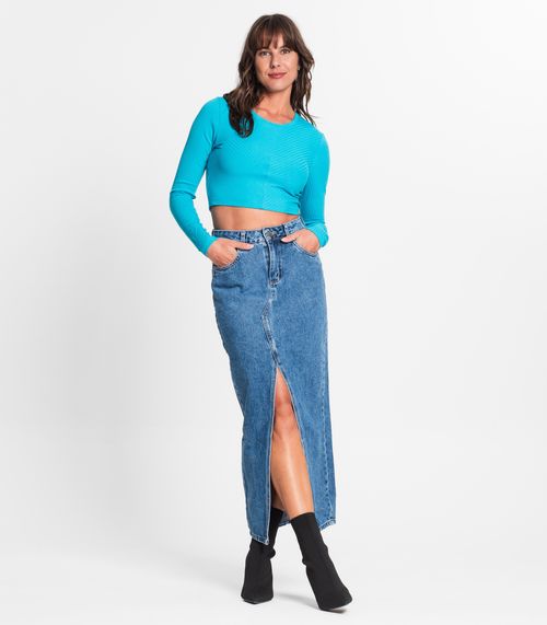 Blusa Manga Longa Em Ribana Canelada Endless Azul