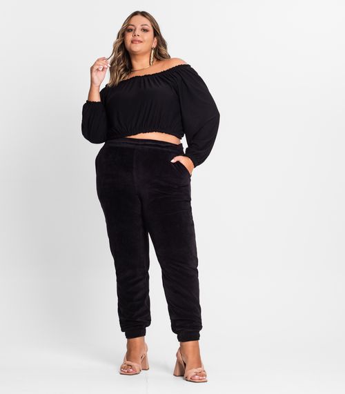 Calça Feminina Plus Size Em Plush Secret Glam Preto