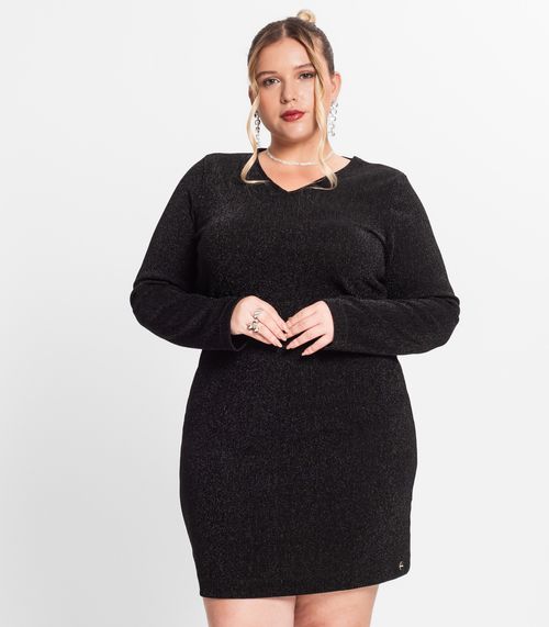 Vestido Plus Size Feminino Manga Longa Secret Glam Preto