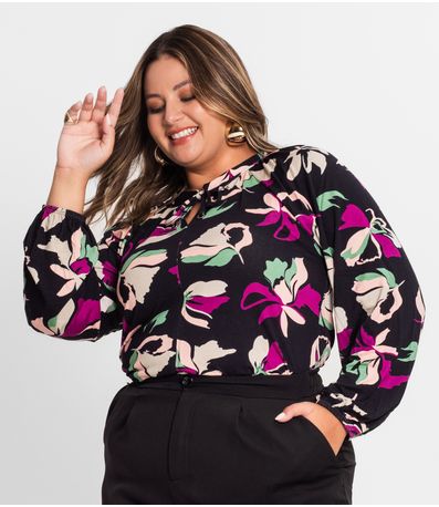 Blusa Estampada Manga Longa Plus Size Secret Glam Preto