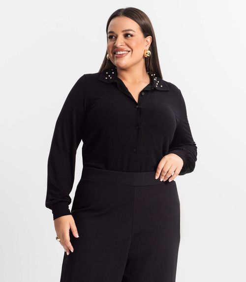 Camisa Plus Size Manga Longa Feminina Secret Glam Preto