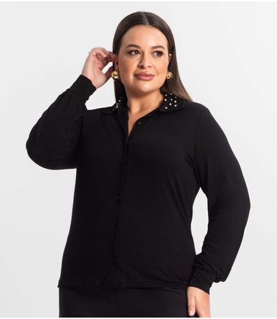 Camisa Plus Size Manga Longa Feminina Secret Glam Preto