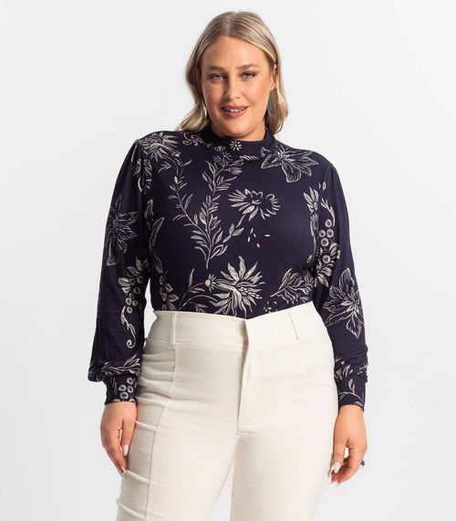Blusa Manga Longa Feminina Plus Size Secret Glam Azul