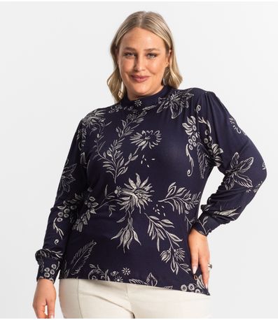 Blusa Manga Longa Feminina Plus Size Secret Glam Azul