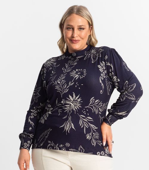 Blusa Manga Longa Feminina Plus Size Secret Glam Azul