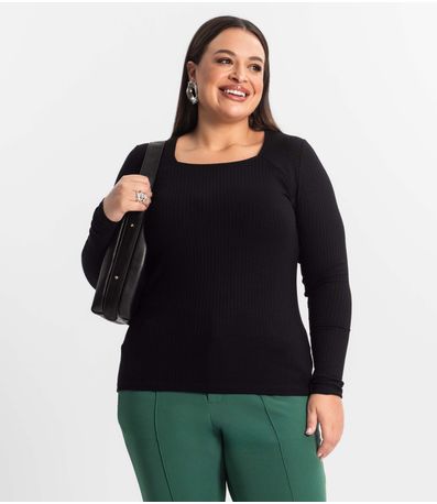 Blusa Plus Size Em Ribana Canelada  Secret Glam Preto