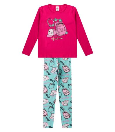 Conjunto Menina Em Cotton Manga Longa Kappes Rosa