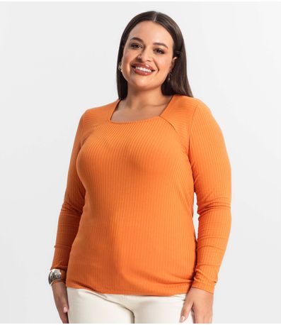Blusa Plus Size Em Ribana Canelada  Secret Glam Laranja